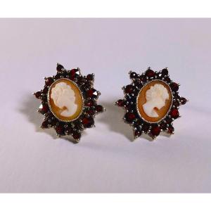 Pair Of Napoleon III-era Earrings, Shell Cameos, Garnet, And Vermeil
