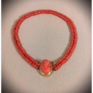 19th-century Choker Necklace, Antique-style Woman's Face, Gold, Coral Cameo, Coral Beads