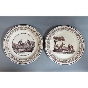 Creil début XIXe, 2 Assiettes Napoleon Bonaparte, Passage de la Bidassoa,  Le Général Dufour
