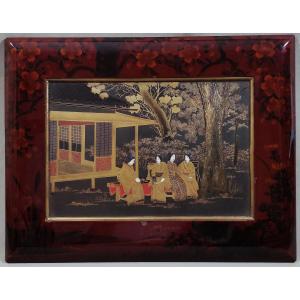 Japanese Lacquer, Meiji Period: A Group Of Four Geisha In A Landscaped Garden, Engaged In Refined Conversation