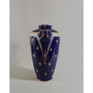 Limoges, Baluster Vase In Blue-and-gold Porcelain, Decorated With A Frieze And Shoulder Bands