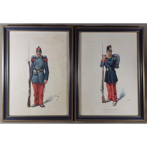 Aquarelles Militaire en Paire, Soldat d'Infanterie Française, Second Empire 1855, Signées