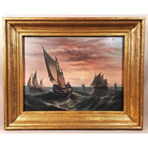 19th-century Marine Oil Painting On Canvas, Fishing Boats And Sailing Vessels Depicting Fishermen At Work