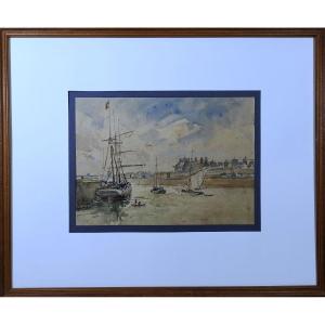 Watercolor By Louis Chervin (1905–1969), A Busy Norman Harbor With Boats And Figures, Signed