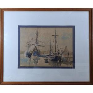 Watercolour By Louis Chervin (1905–1969), ‘port Normand’ Or ‘harbour Busy With Sailing Ships’