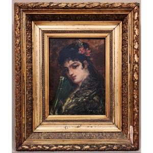 Jeune Andalouse, huile S/Panneau du XIXe de Joseph Emmanuel Van der Bussche, Signée et datée 97