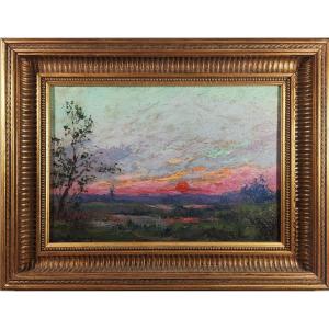 Post-impressionist-style Oil Painting On Panel Depicting A Landscape At Sunset