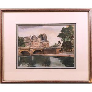 Suzanne Cocq, Peintre Belge, Aquarelle & Gouache sur Papier, Paris Vue du Pont Neuf , 1923
