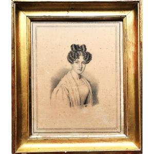 Dessin Epoque Restauration, Portrait en Buste d'une Jeune Femme de Qualité