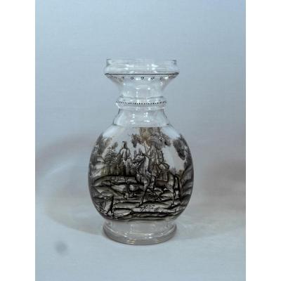 Bohemian Enamelled Glass Vase 19th Century, Schwarzlot Decor In Grey Tones,  Ignaz Preissler Or Johann Schaper Style