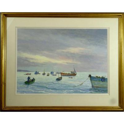 Jean Le Neuthiec , Peinture Bretonne, Bord De Mer Animé De Bateaux Et  Pêcheurs