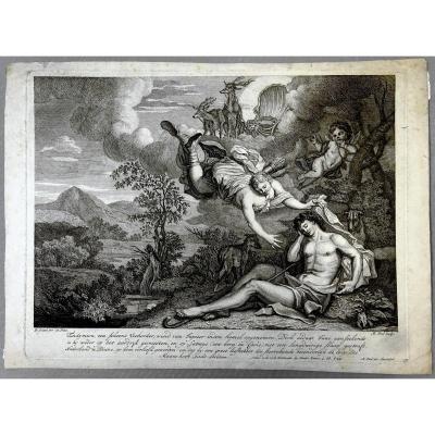 Beautiful Engraving To 17th Century, Burin By Matthys Pool, Diane Visits Endymion Asleep, Printing On Laid Paper Of Period