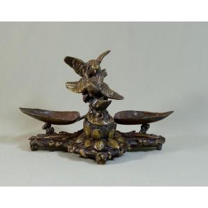 Bronze Naturaliste Art Nouveau Formant Encrier aux Oiseaux, Signé Leblanc, Successeur de Ferdinand Barbedienne