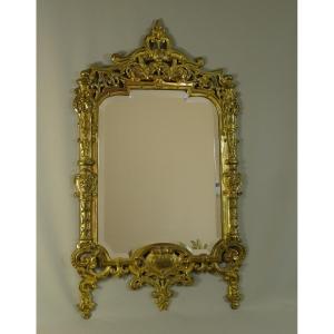 19th Century Gilded Bronze Mirror, Beautiful Baroque Style Fronton With Winged Sphinxes And Mascarons