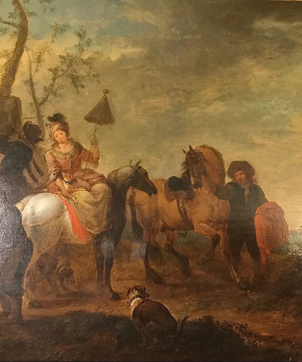  Peinture « Départ De Voyageurs à Cheval «  Entourage De Wouwerman,fin XVIIe-photo-4