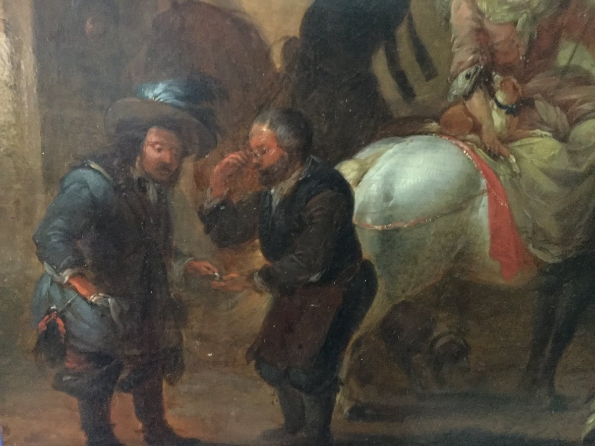  Peinture « Départ De Voyageurs à Cheval «  Entourage De Wouwerman,fin XVIIe-photo-2