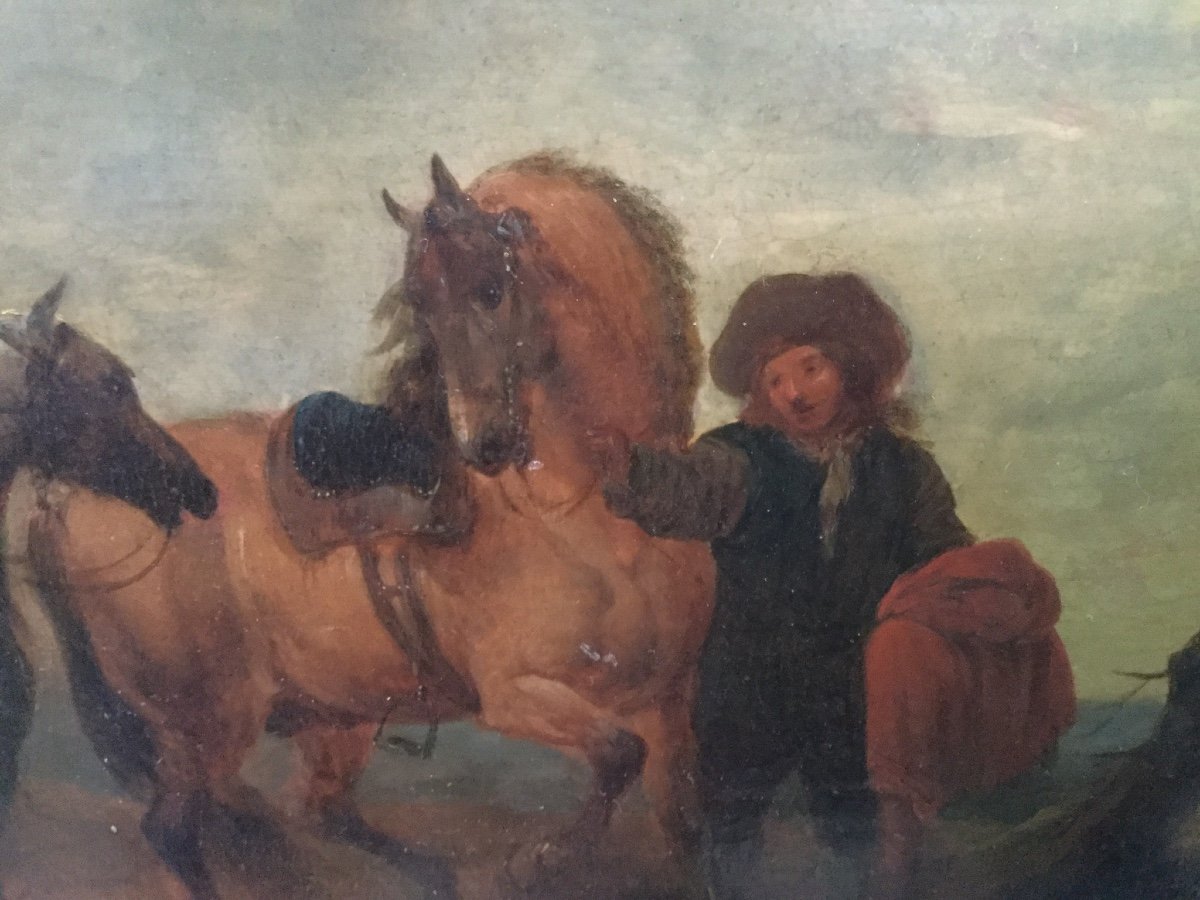  Peinture « Départ De Voyageurs à Cheval «  Entourage De Wouwerman,fin XVIIe-photo-3