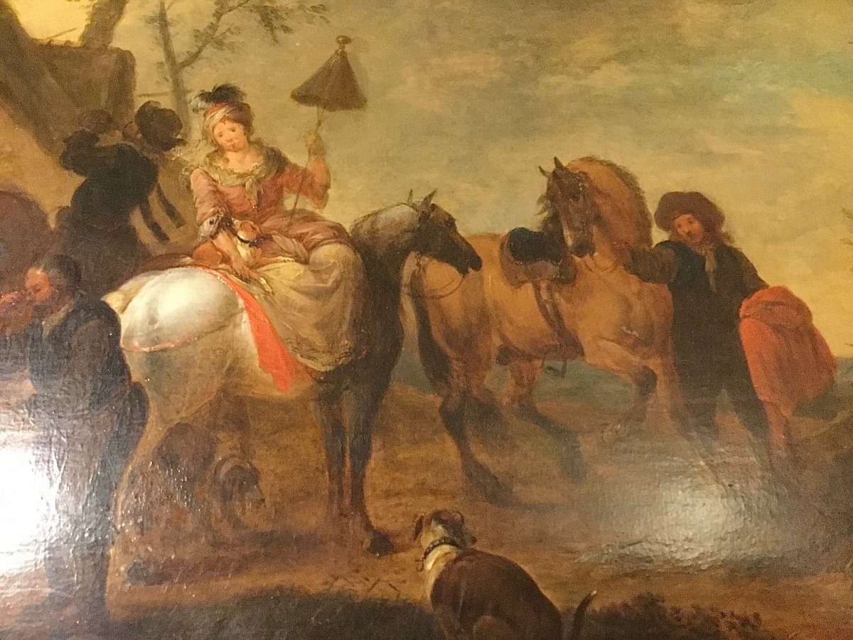  Peinture « Départ De Voyageurs à Cheval «  Entourage De Wouwerman,fin XVIIe-photo-5