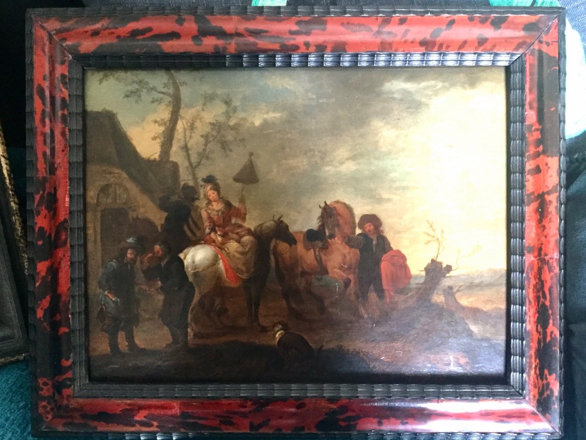  Peinture « Départ De Voyageurs à Cheval «  Entourage De Wouwerman,fin XVIIe