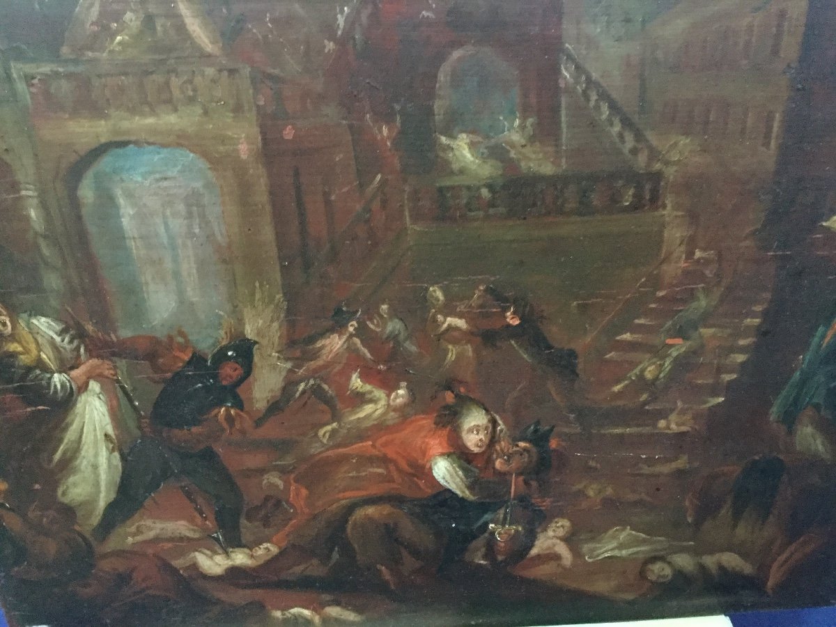 "the Massacre Of The Innocents In Bethlehem" Painting (oil On Wood), Italy XVII-photo-2