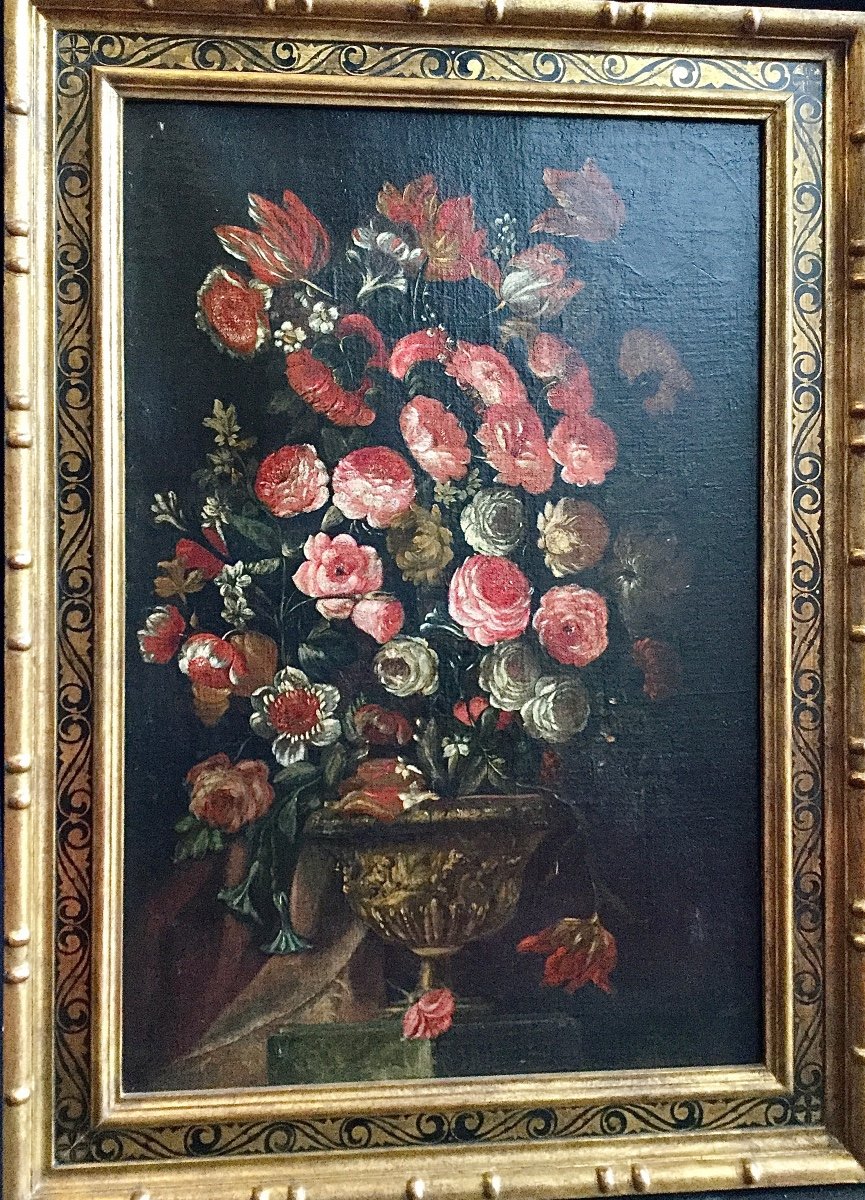 Paire De Natures Mortes ( Bouquet De Fleures Dans Une Vase) Italie Fin XVIIè-photo-3