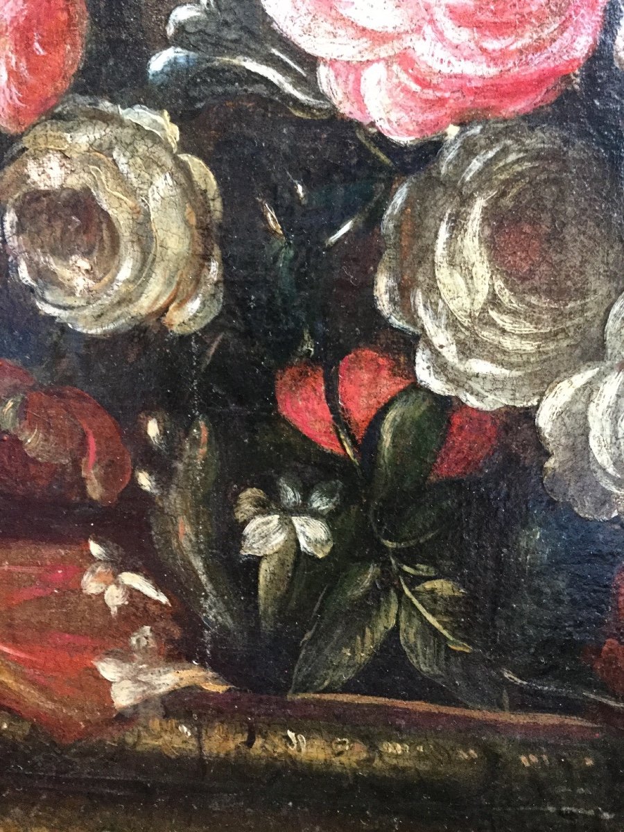 Paire De Natures Mortes ( Bouquet De Fleures Dans Une Vase) Italie Fin XVIIè-photo-8