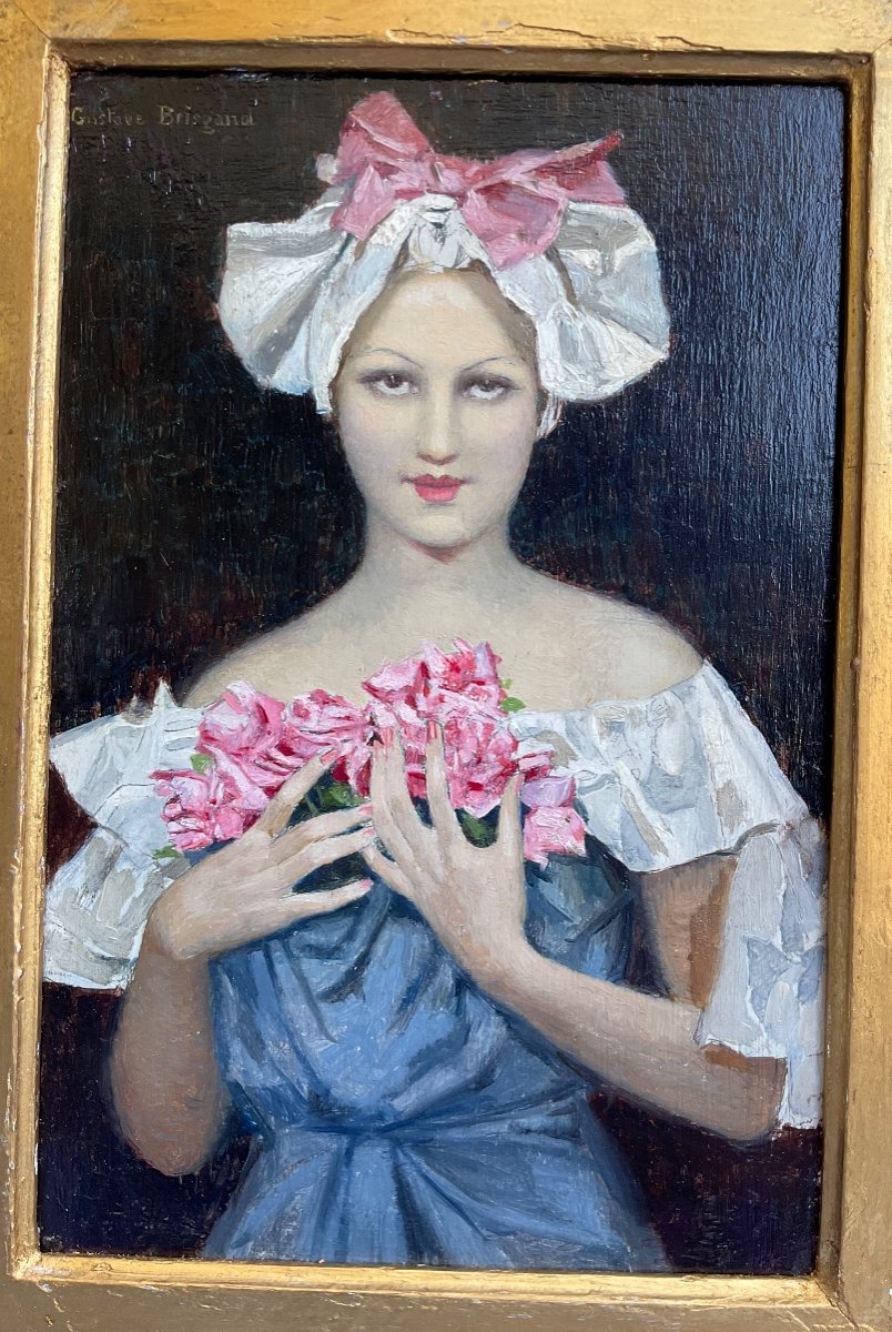 "young Pretty Girl With Pink Flowers" Signed Painting "gustave Brisgand, 20th Century-photo-2