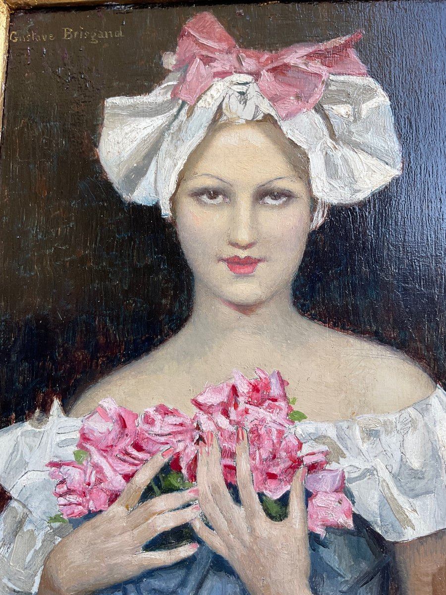 "young Pretty Girl With Pink Flowers" Signed Painting "gustave Brisgand, 20th Century-photo-3