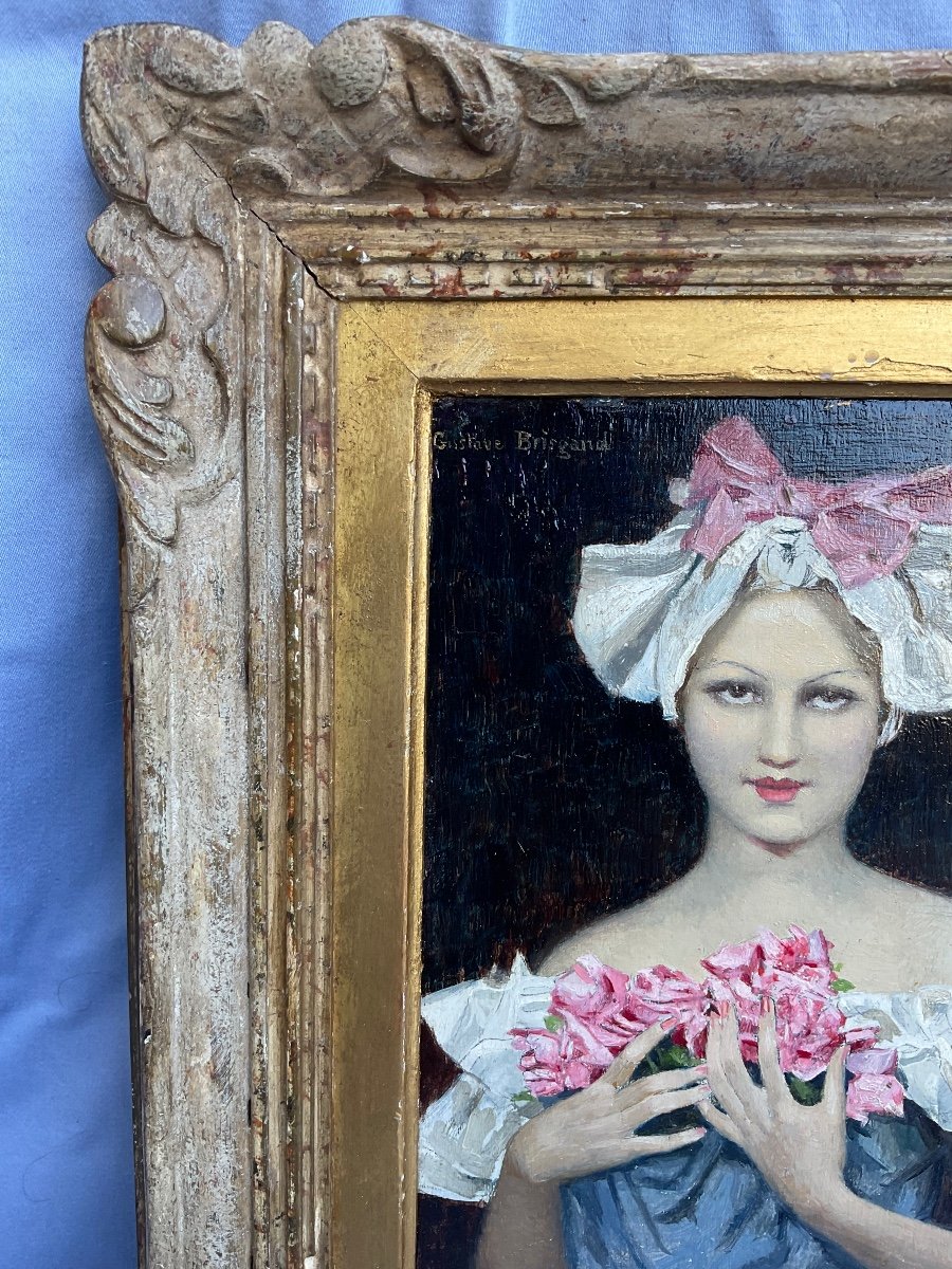 "young Pretty Girl With Pink Flowers" Signed Painting "gustave Brisgand, 20th Century-photo-1