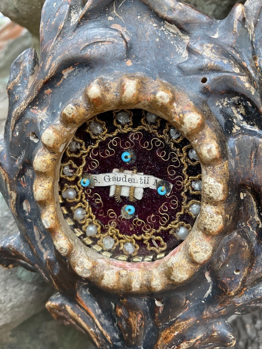 Small Monstrance - Reliquary "s. Gaudentii M." Carved Wood, Painted, France Or Italy XIXth-photo-3