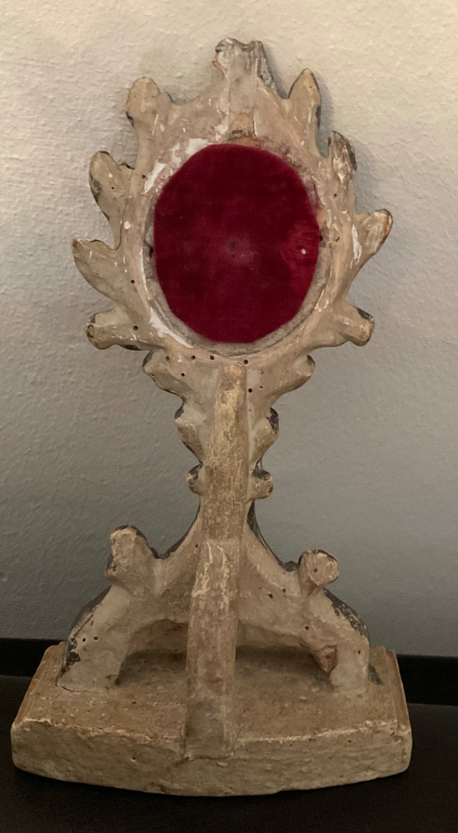 Small Monstrance - Reliquary "s. Gaudentii M." Carved Wood, Painted, France Or Italy XIXth-photo-3