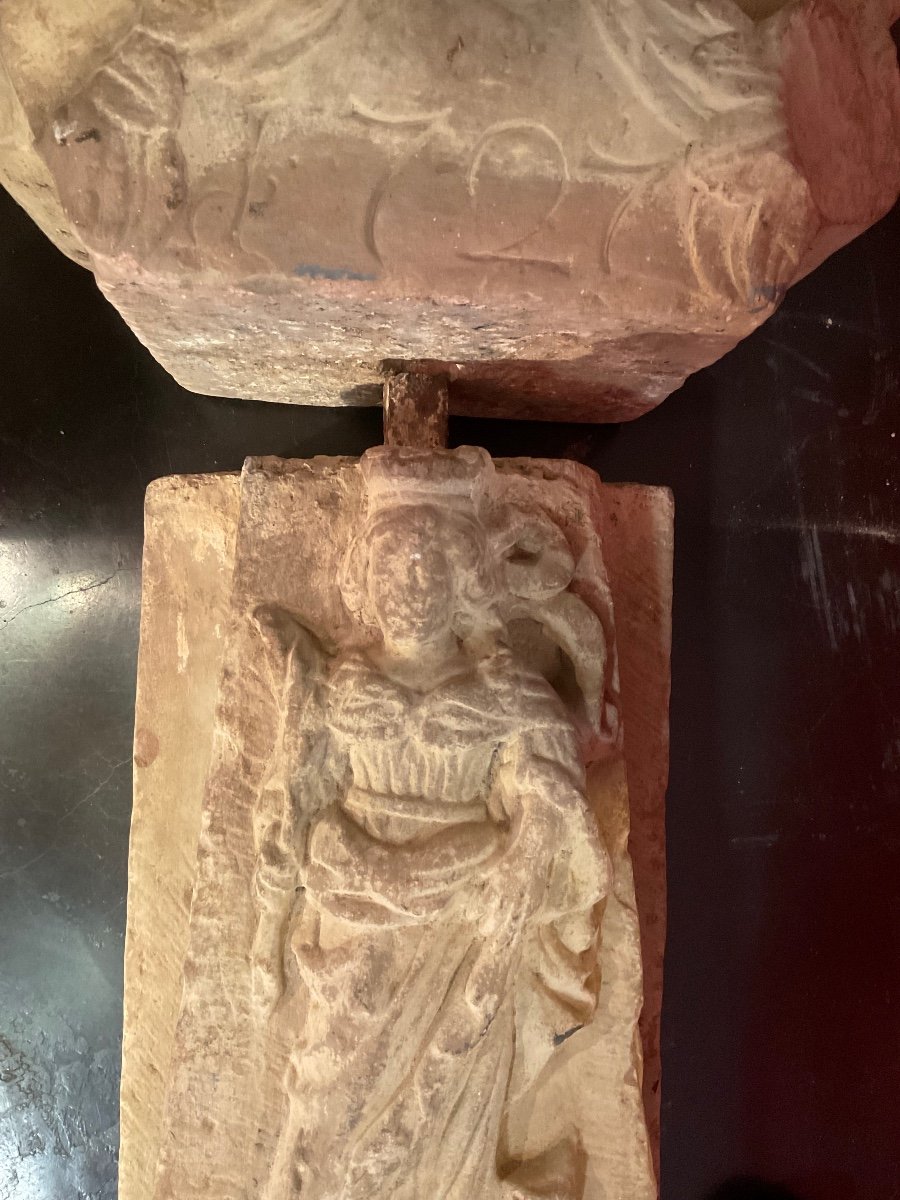 Cruciform Votive Pestle (marterle) In Sandy Stone In 2 Parts, Dated 1727, Germany.-photo-3