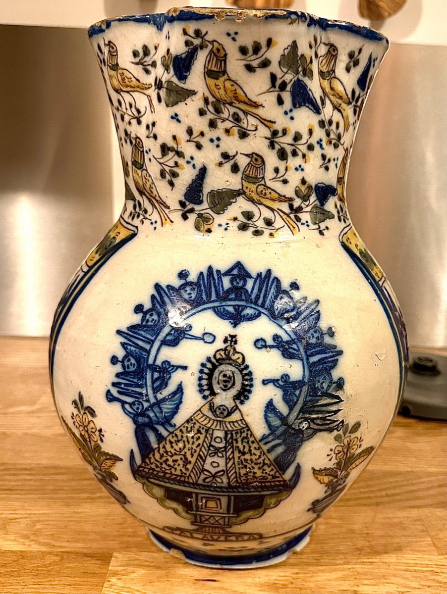 Large Jug Of Holy Water “talavera De La Reina”, Spanish Fayence, Early XIX.century