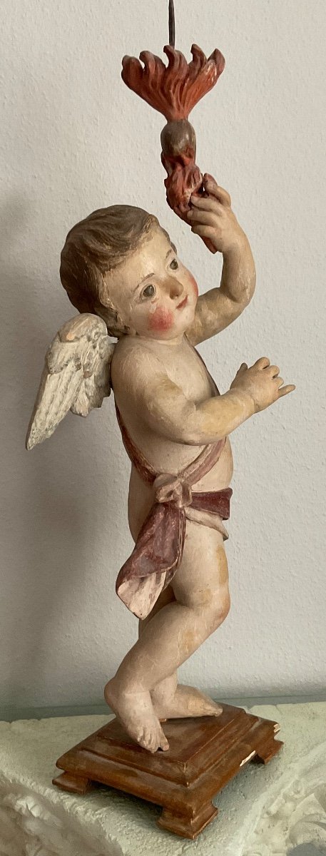 Angel Carrying A Candlestick, Carved, Painted And Gilded Wood, Tirol 18th Century-photo-2