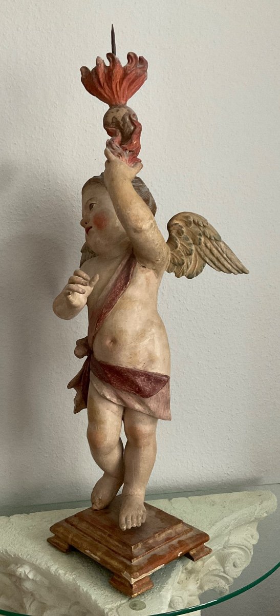 Angel Carrying A Candlestick, Carved, Painted And Gilded Wood, Tirol 18th Century-photo-4