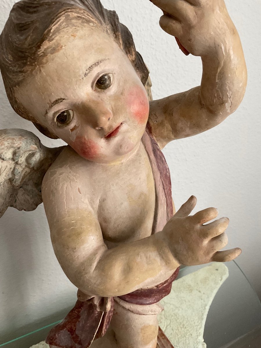 Angel Carrying A Candlestick, Carved, Painted And Gilded Wood, Tirol 18th Century-photo-1