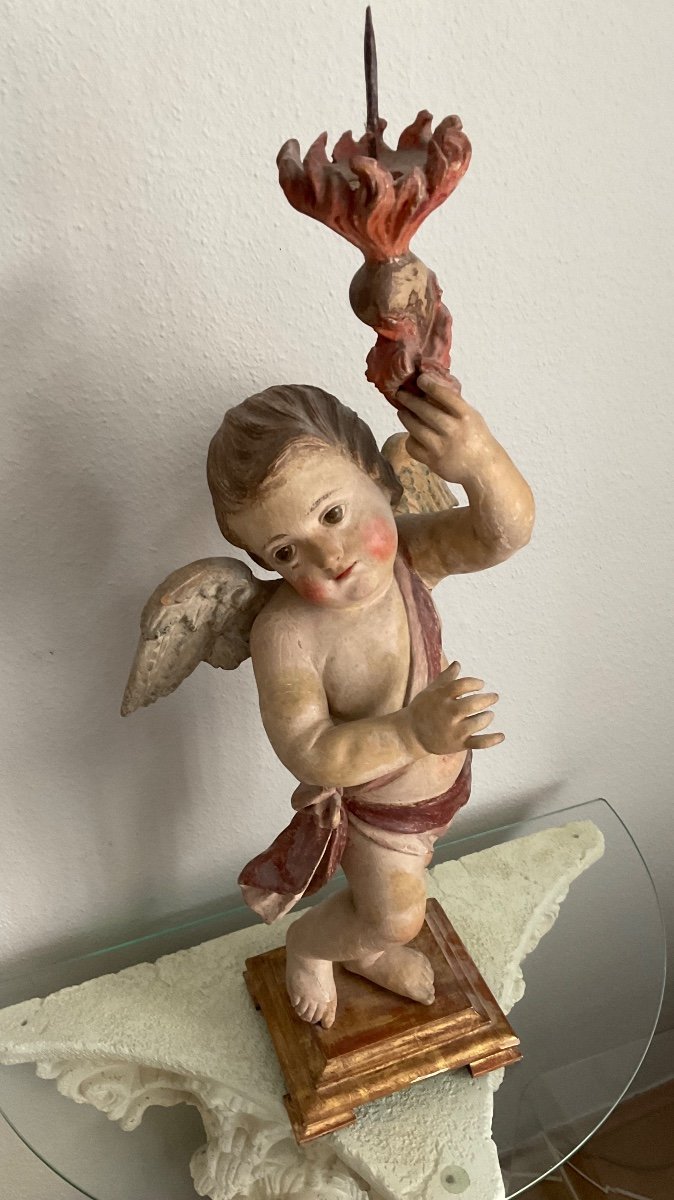 Angel Carrying A Candlestick, Carved, Painted And Gilded Wood, Tirol 18th Century-photo-2