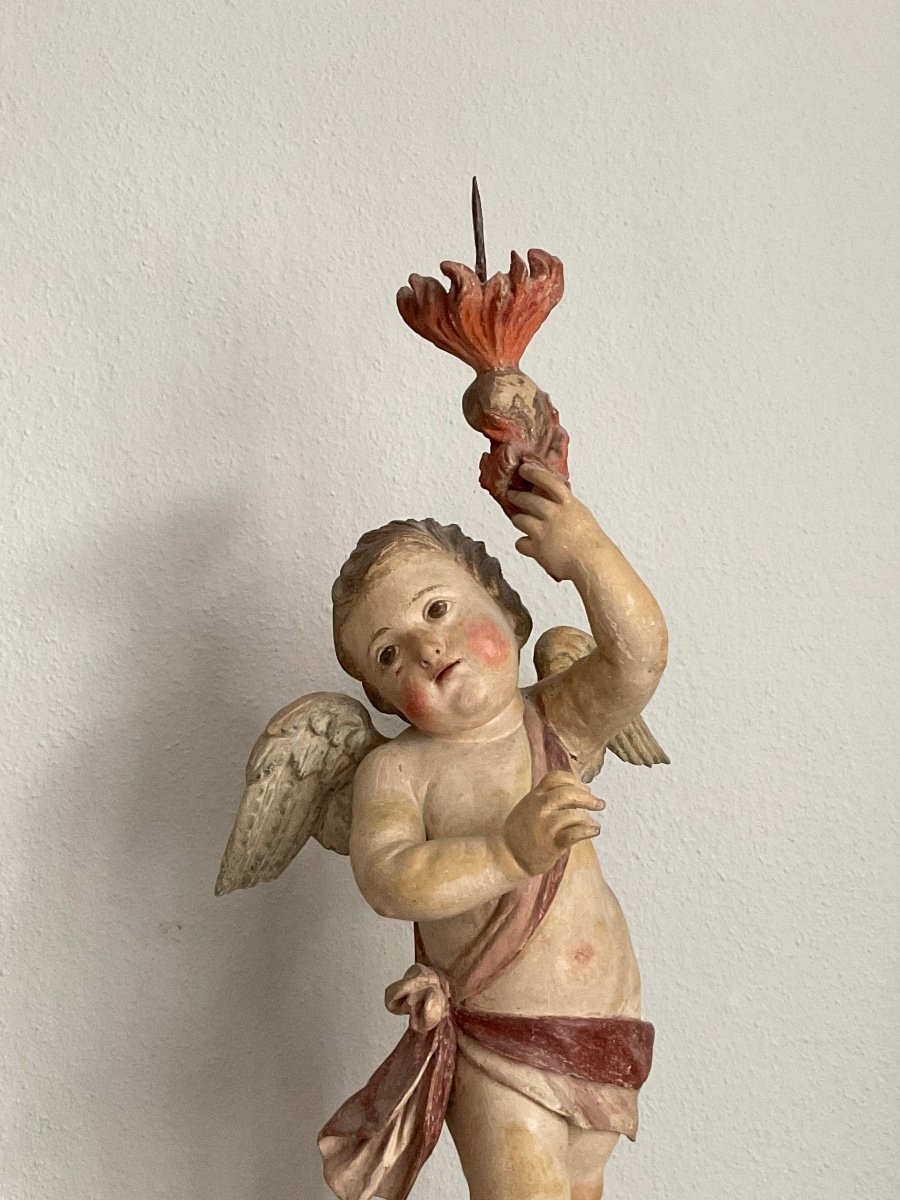 Angel Carrying A Candlestick, Carved, Painted And Gilded Wood, Tirol 18th Century-photo-3