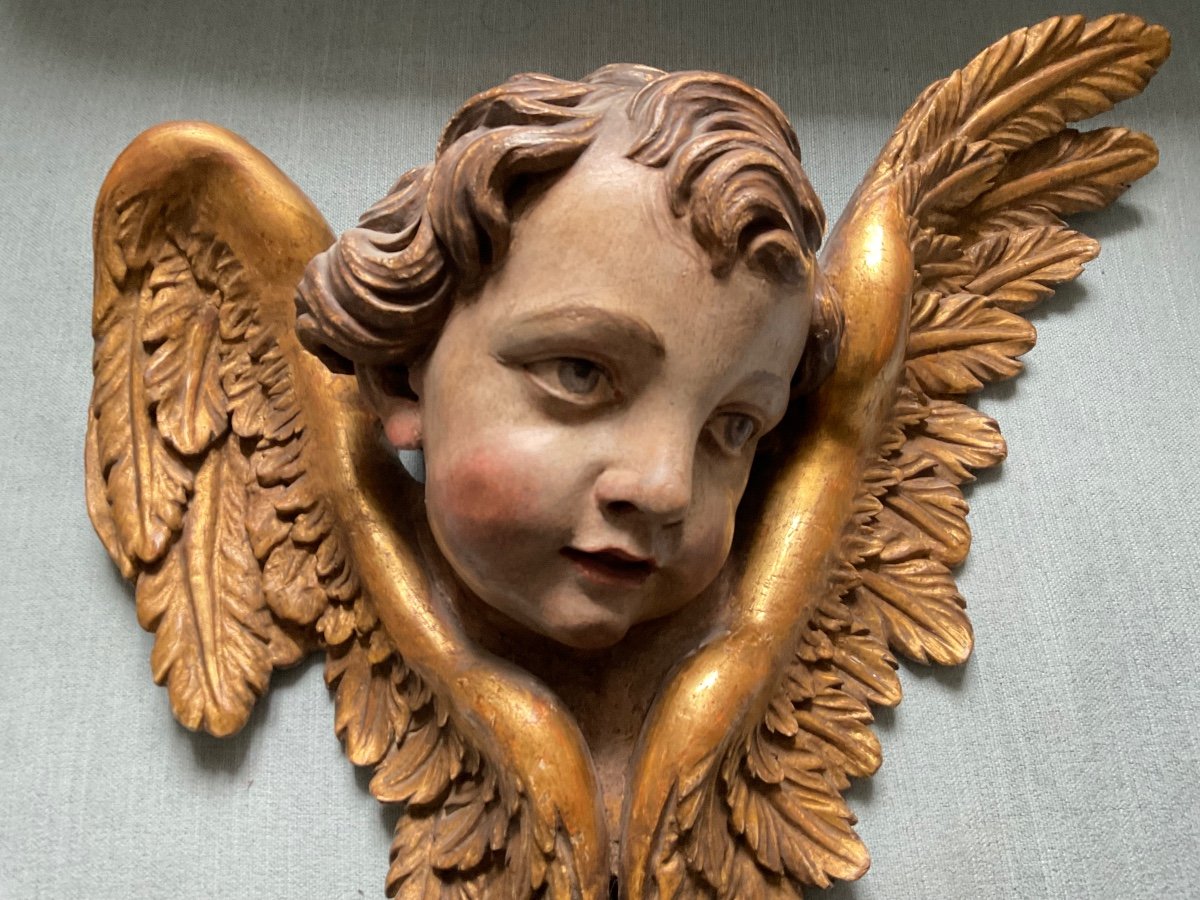 Winged Angel Head In Bas-relief, Carved Wood, Gilded, Germany 18th Century-photo-3