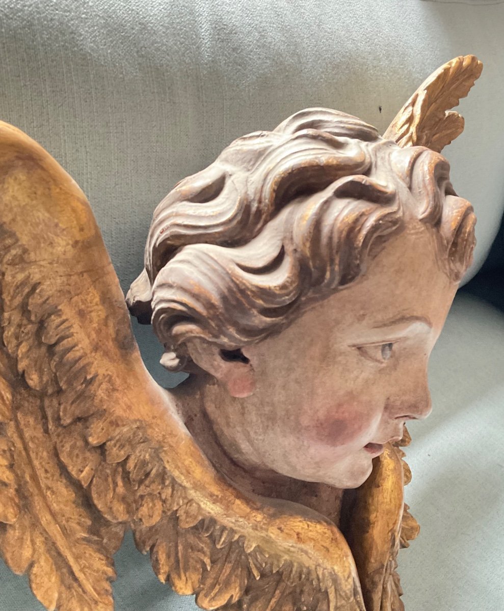 Winged Angel Head In Bas-relief, Carved Wood, Gilded, Germany 18th Century-photo-1