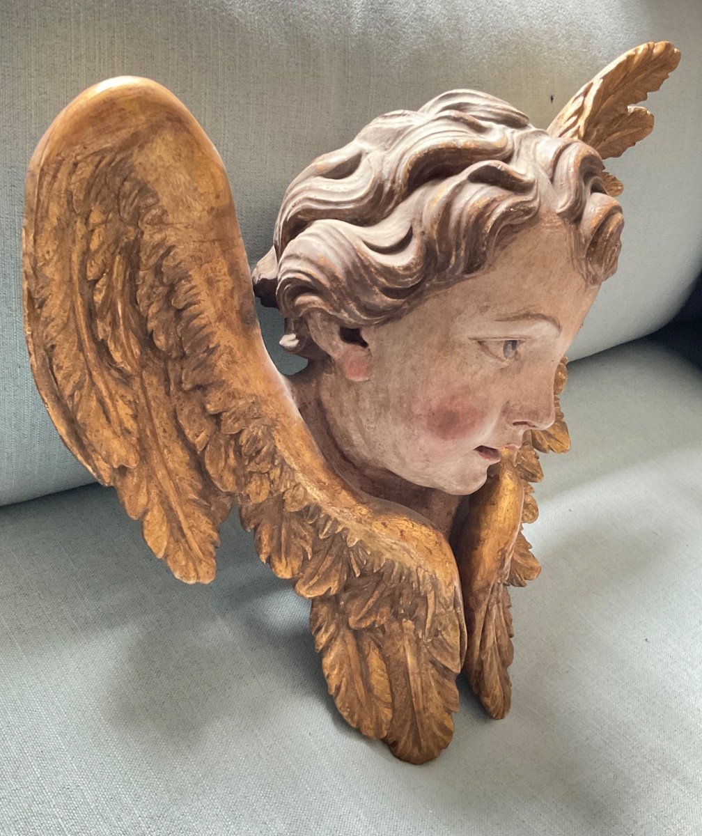 Winged Angel Head In Bas-relief, Carved Wood, Gilded, Germany 18th Century-photo-2