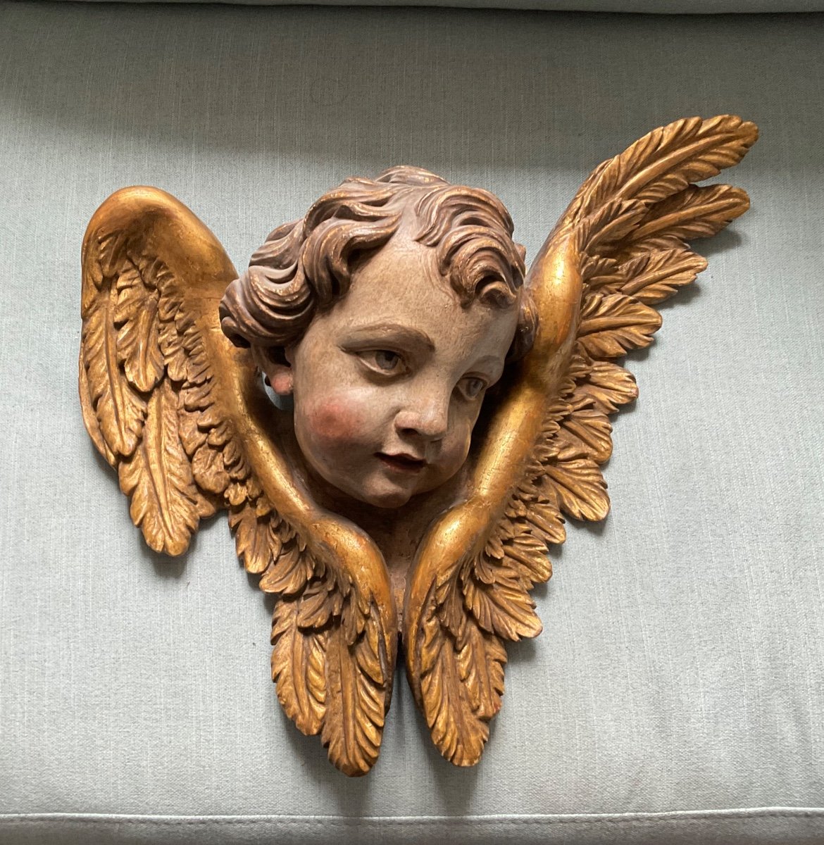 Tête D’ange AiléeEn Bas-relief, Bois Sculpté, Doré, Allemagne XVIIIe