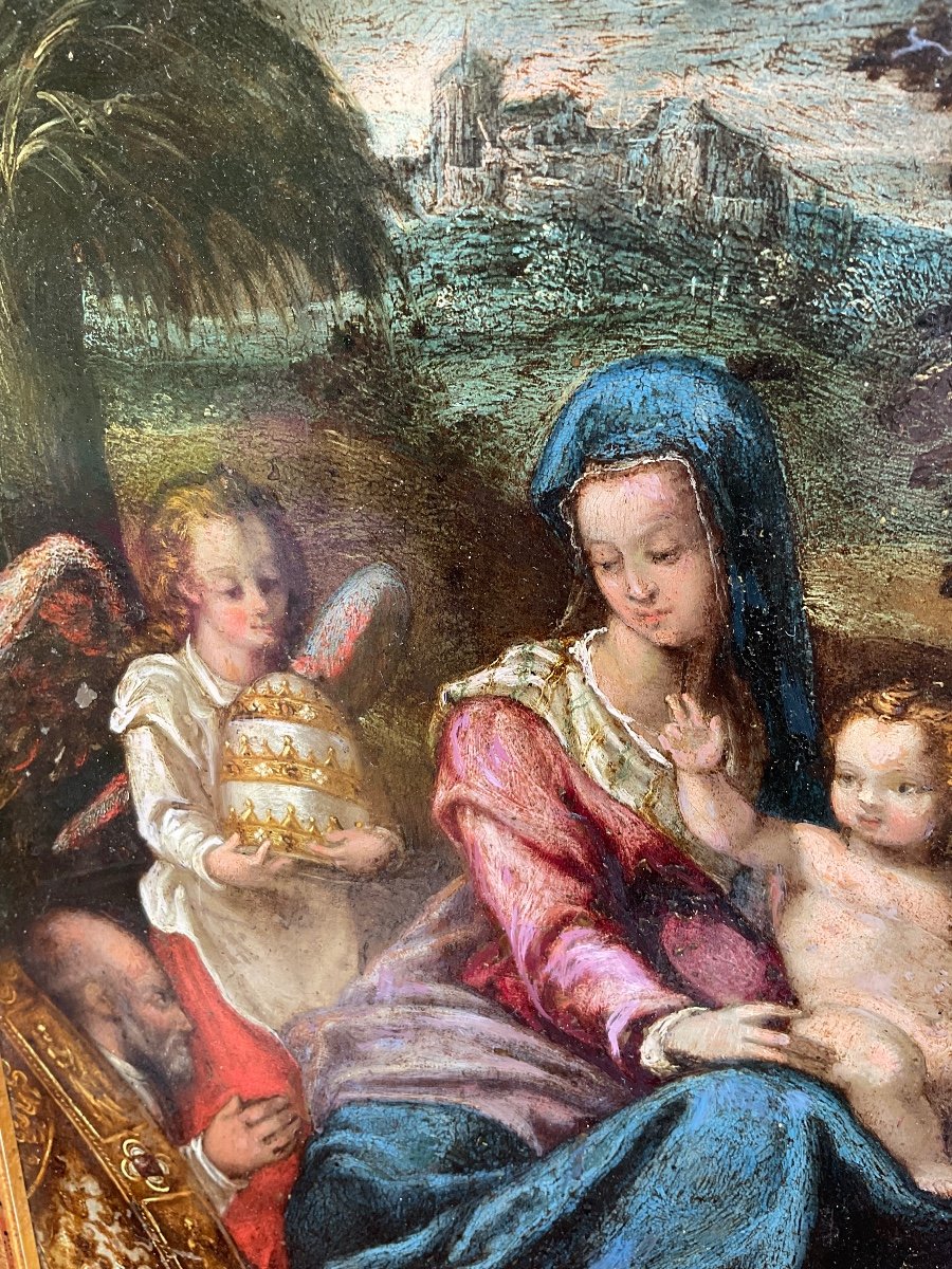  The Holy Family (stop In The Forest), Oil On Copper, School Of Ferrara, 17th Century-photo-4