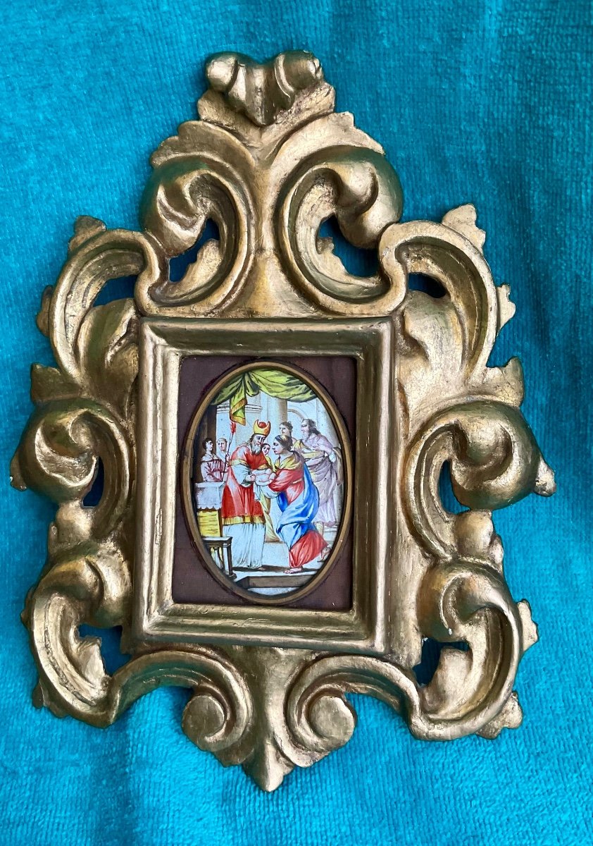 Pair Of Limoges Plaquettes, Biblical Scenes, Carved Wooden Frames, Gilded, 17th/18th Century-photo-2