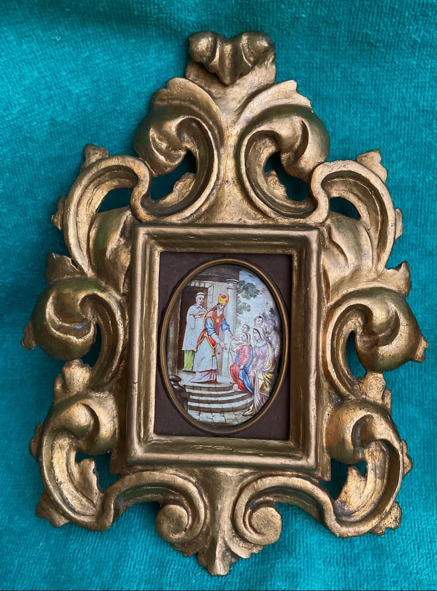 Pair Of Limoges Plaquettes, Biblical Scenes, Carved Wooden Frames, Gilded, 17th/18th Century-photo-3