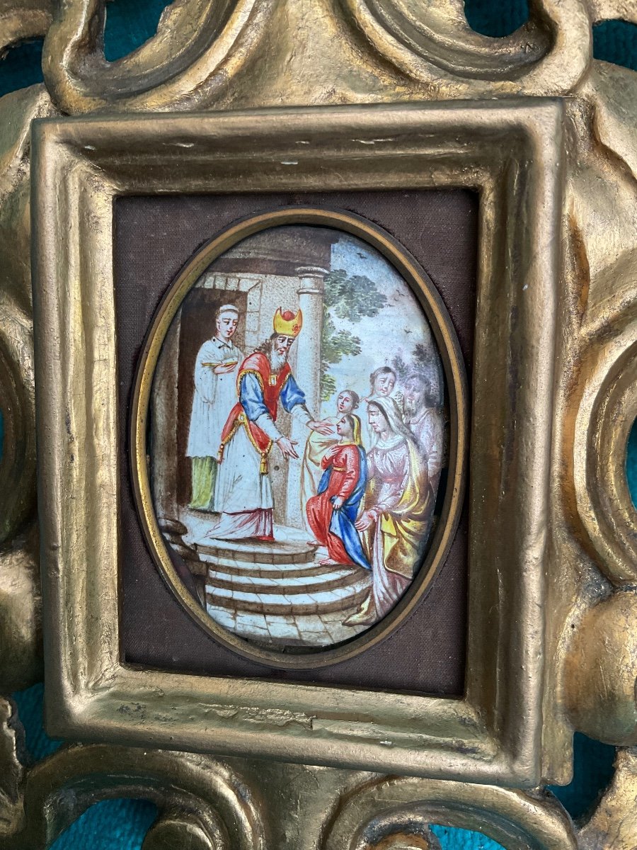 Pair Of Limoges Plaquettes, Biblical Scenes, Carved Wooden Frames, Gilded, 17th/18th Century-photo-2