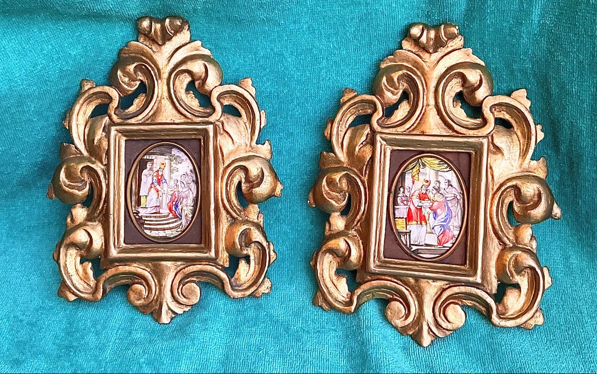 Pair Of Limoges Plaquettes, Biblical Scenes, Carved Wooden Frames, Gilded, 17th/18th Century