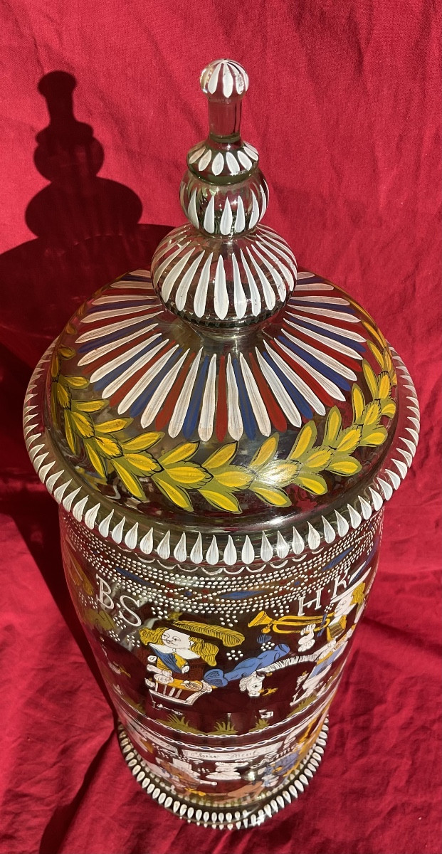 Chope à couvercle , verre soufflé , émaillé, representant des princes- électeurs ,daté 1660, -photo-2