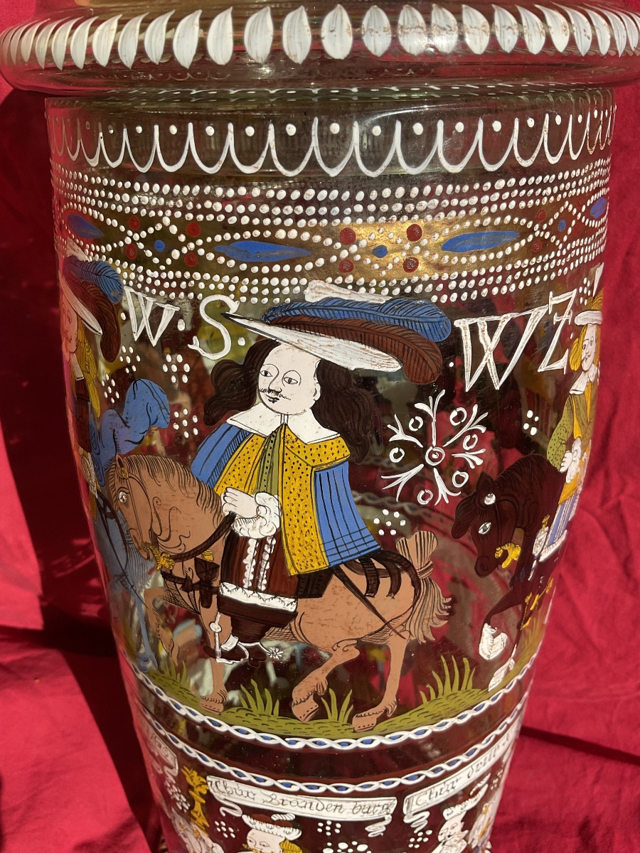 Chope à couvercle , verre soufflé , émaillé, representant des princes- électeurs ,daté 1660, -photo-3