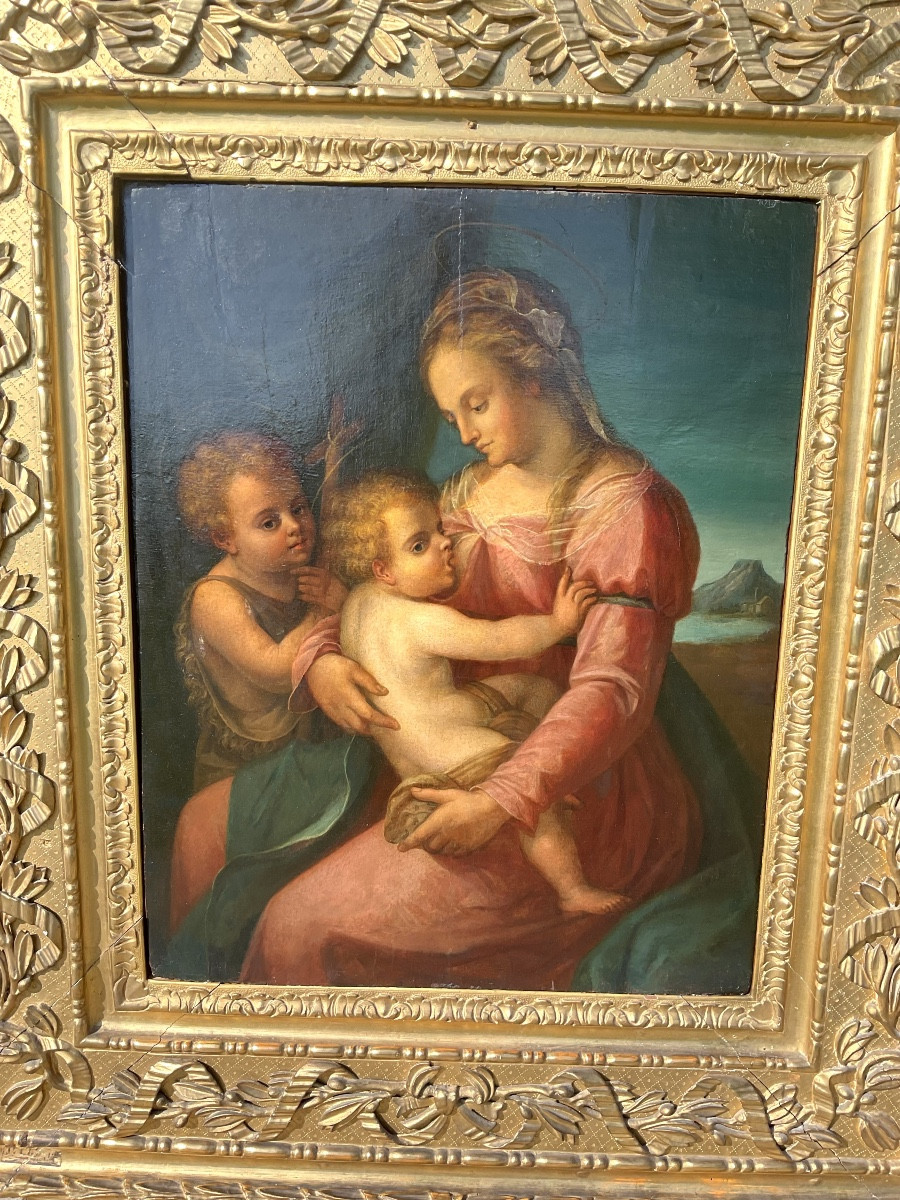 Peinture,huile sur bois : Sainte Marie allaitant Jésus, attribué à Andrea de Sarto, Italie XVIe-photo-2